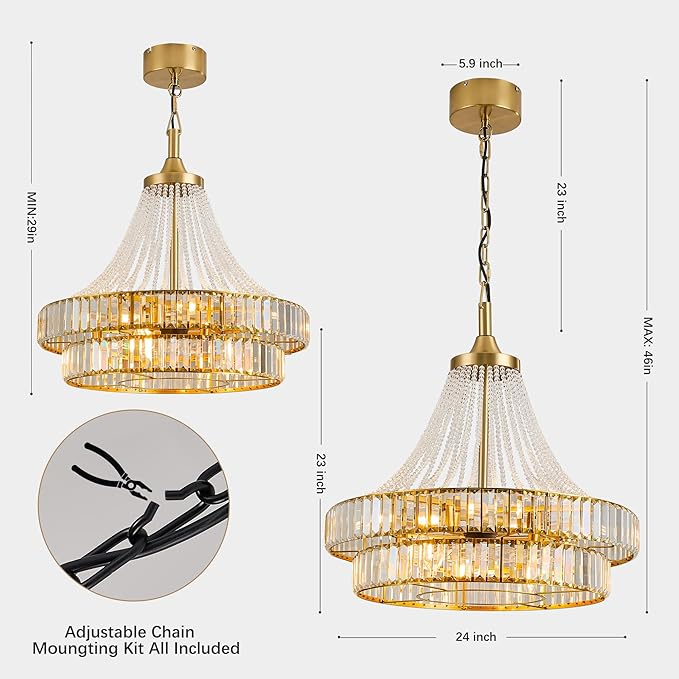 24" Modern Crystal Caged Fandelier, Smart Chandelier Fan with Remote and APP Control, Double Layer Ceiling Fan with Light for Dining Living Room Bedroom, Italian Design-Gold