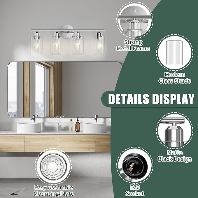 Bathroom Vanity Light Fixtures Polished Chrome,4 Lights Rustic Farmhouse Vanity Bar Lighting Over Mirror Modern Industrial Wall Sconces Lamp with Cylinder Glass Shade