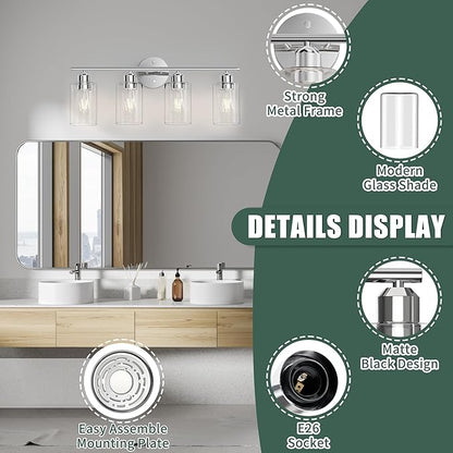 Bathroom Vanity Light Fixtures Polished Chrome,4 Lights Rustic Farmhouse Vanity Bar Lighting Over Mirror Modern Industrial Wall Sconces Lamp with Cylinder Glass Shade