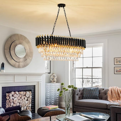 Modern Crystal Chandeliers for Dining Room Black and Gold Chandelier Living Room 8-Light Pendant Light Fixture Oval Contemporary Ceiling Hanging Light for Kitchen Island Bar L32 inch