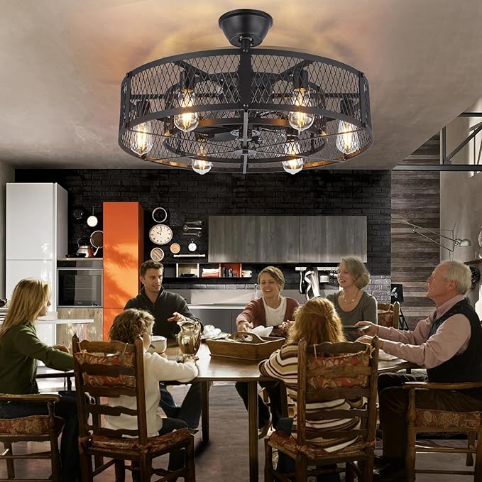 Depuley Outdoor Ceiling Fan with Light: 26" Caged Ceiling Fans with Remote Control for Patio Kitchen Bedroom - Farmhouse Fandelier Flush Mount Lights Fixture Reversible 6 Speed Timer Black
