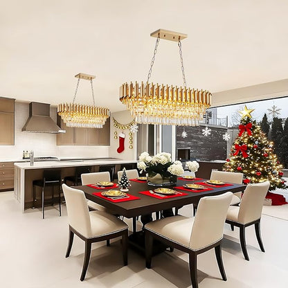 Modern Rectangular Chandelier Gold Crystal Chandeliers for Dining Room, 10-Light Pendant Light Fixture Oval Contemporary Ceiling Hanging Light for Kitchen