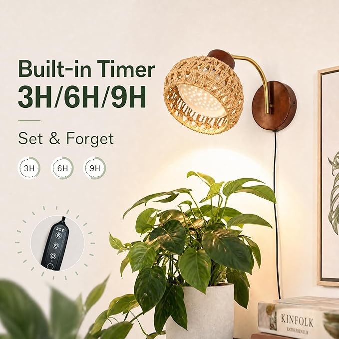 Hanging Grow Lights for Indoor Plants, Wall Grow Light with Adjustable Beam Angle (15°-75°), 3H/6H/9H Auto Cycle Timer, 18W Full Spectrum, 16FT Power Cord for Tall Plants, Flowers and Potted Trees
