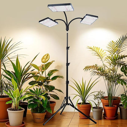 3Head Grow Light with Stand, 75 Watt Bright Enough and Big Coverage, Natural Sunlight Full Spectrum Plant Growing Lamps for Tall&Large Indoor Plants, Bonsai Tree, 4/8/12/16/20H 5-Mode Timer
