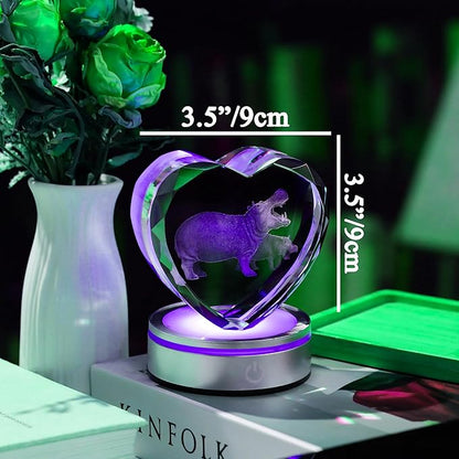 Qianwei Hippo Gifts for Women 3D Crystal Heart - Laser Hippo Decor Glass Animals Hippopotamus Gifts Figurines Statue Stuff for Room Decorations Hippopotamus Night Light