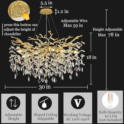 Tree Branch Chandelier Modern Crystal Pendant Light, Luxury Gold Art Deco Raindrop Lighting Fixture for Dining Room Bedroom Living Room 10 Lights D30''