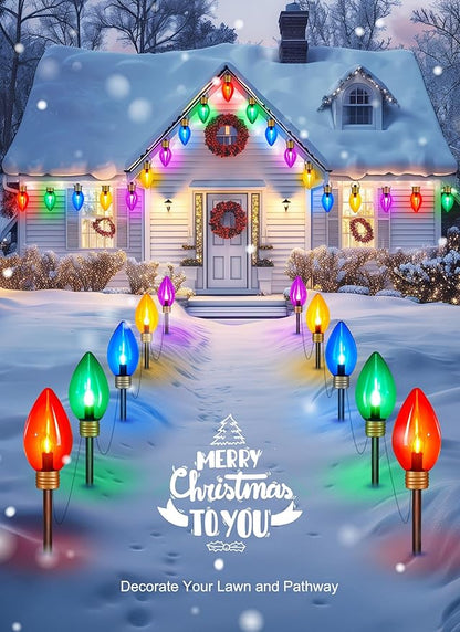 Brightown Jumbo C9 Christmas Pathway Lights Outdoor - 8.5 Feet 5 LED C9 Walkway Lights, Multicolor Bulb Holiday Pathway Light with Marker Stakes, Christmas Light Outdoor Decorations for Lawn Yard