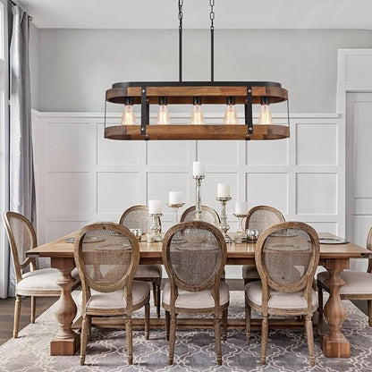 Rustic Farmhouse Wood Kitchen Island Lighting, 5 Lights Rectangular Pendant Light Fixture, Adjustable Rods Oak Wood and Metal Linear Chandelier for Kitchen Island Farmhouse Dining Room, Black