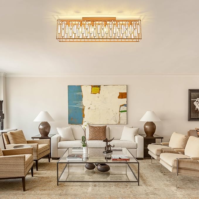 Garwarm 38.7 inch Gold Crystal Chandelier for Living Room, 6-Light Rectangle Flush Mount Ceiling Light Modern Chandeliers for Dining Room,Kitchen Chandeliers Over Table