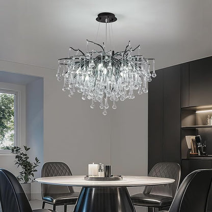 Modern Crystal Raindrop Chandelier, Black Round Art Deco Tree Branch Lighting Fixture for Dining Room Living Room Foyer 13 Lights D31.5''