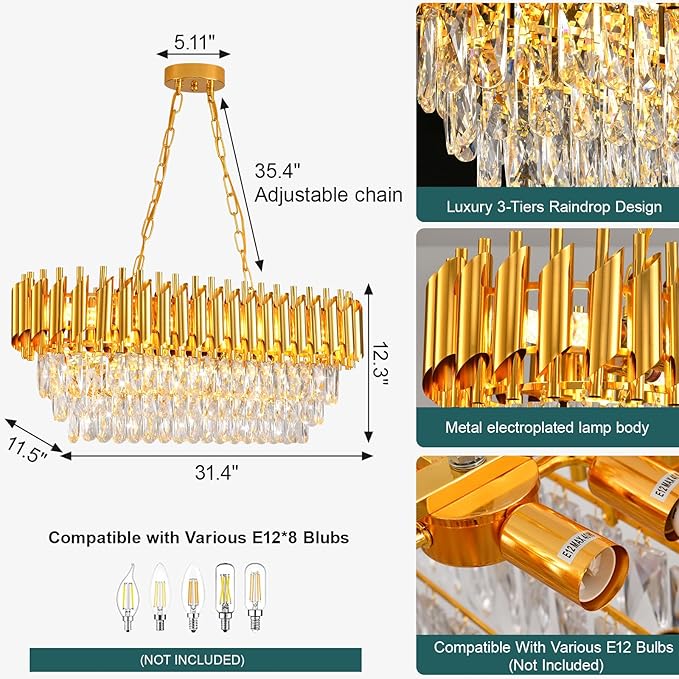 Modern Crystal Chandeliers for Dining Room 8-Light Gold Crystal Chandelier Living Room Oval Contemporary Ceiling Hanging Light Pendant Light Fixture for Kitchen Island Bar Restaurant L32