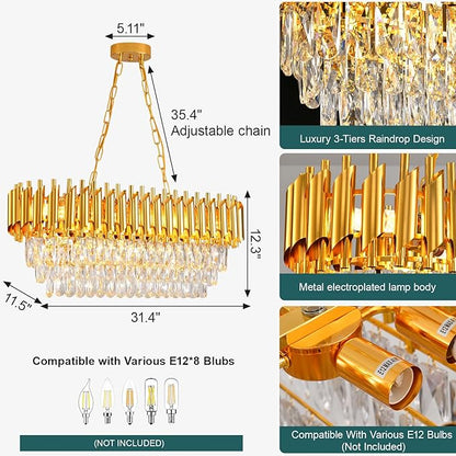 Modern Crystal Chandeliers for Dining Room 8-Light Gold Crystal Chandelier Living Room Oval Contemporary Ceiling Hanging Light Pendant Light Fixture for Kitchen Island Bar Restaurant L32