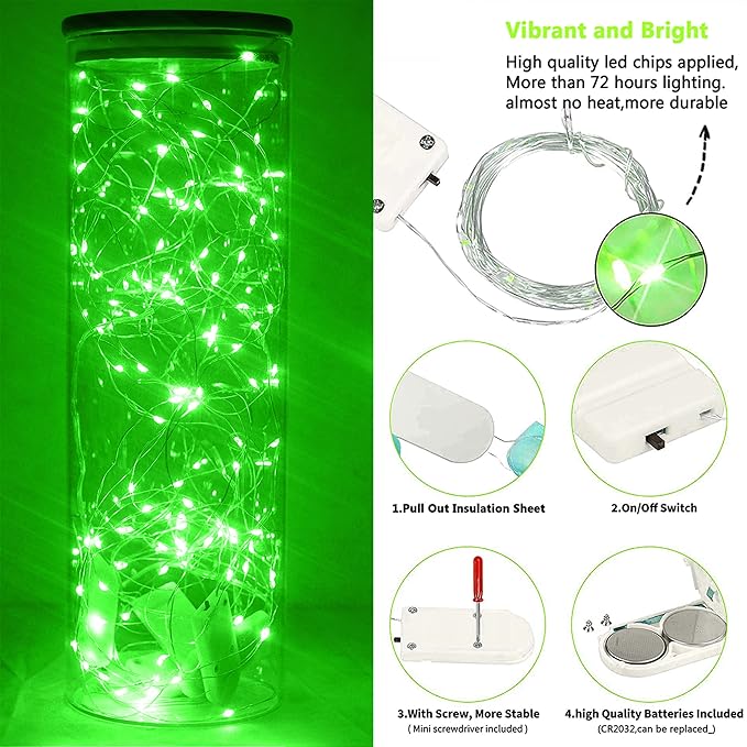 SmilingTown 15 Packs 20 Led Green Fairy Lights Battery Operated St Patricks Day Lights 6.6ft Silver String Lights Waterproof Firefly Starry Light for DIY Table Centerpieces Halloween Christmas Party