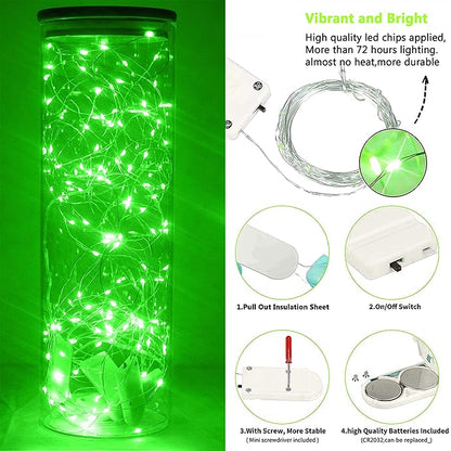 SmilingTown 15 Packs 20 Led Green Fairy Lights Battery Operated St Patricks Day Lights 6.6ft Silver String Lights Waterproof Firefly Starry Light for DIY Table Centerpieces Halloween Christmas Party