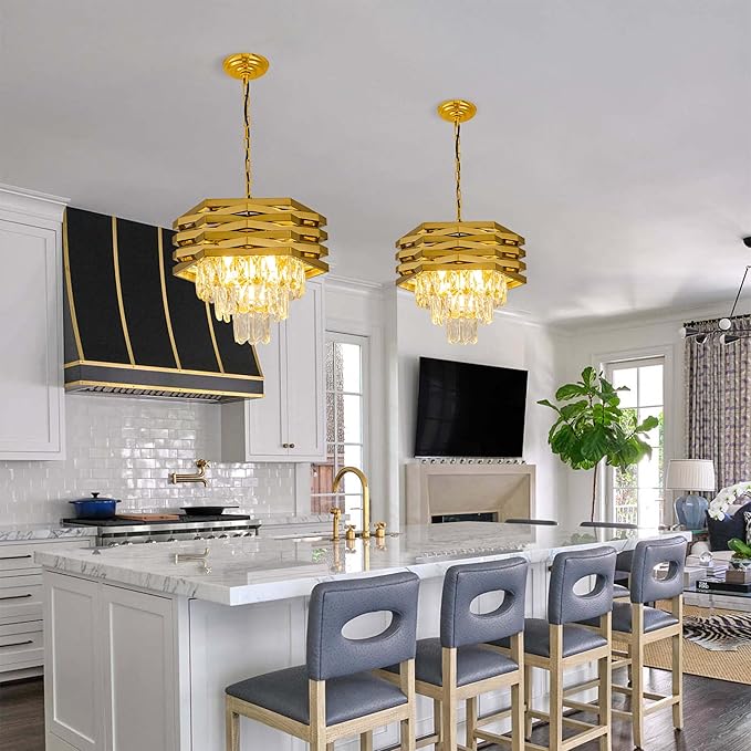 15.75" Gold Crystal Chandelier 5-Light Modern Crystal Pendant Light 3-Tier Luxury K9 Hanging Dining Room Lighting Fixtures for Bedroom Living Room Office Hallway Foyer Entryway Kitchen Sink