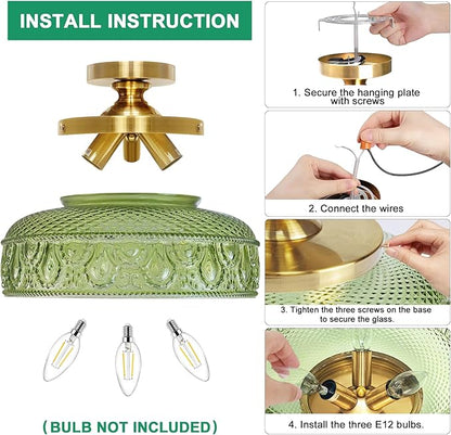 Lamomo Semi Flush Mount Ceiling Light, Upgraded Larger 12 Inch Green Hallway Light Fixture, 3 Light Globe Glass Close to Ceiling Scone, Indoor Hanging Light for Bedroom Kitchen Porch Hallway