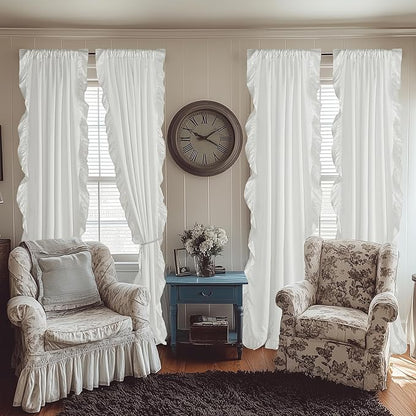 StangH Cottage Ruffle Curtains 96 Inch, Luxurious Satin Shabby Chic Drapery for High Ceiling, Light Filtering Privacy Window Coverings for Living Room/Backdrop, White, W52 x L96, 2 Panels