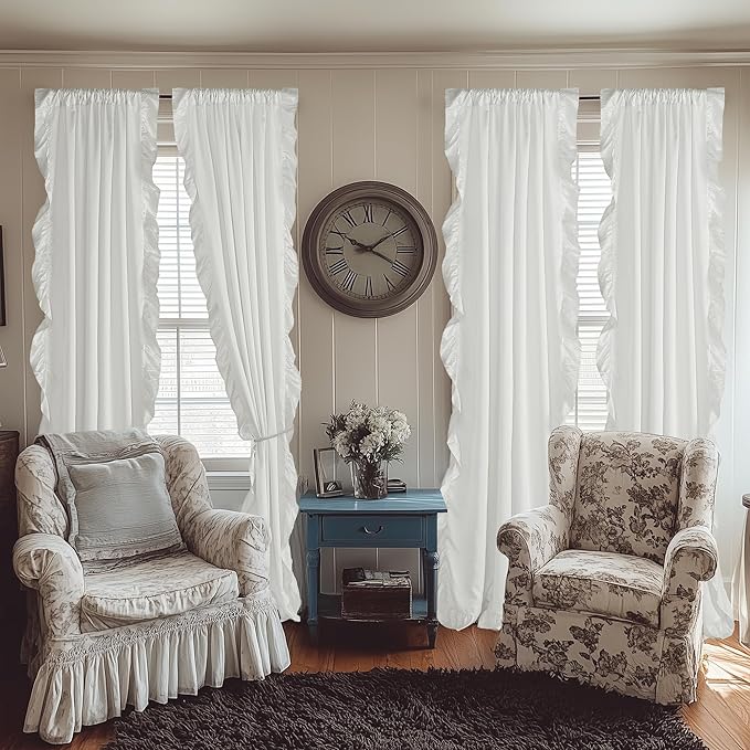 StangH White Ruffle Curtains 52x84 Long 2 Panels, Premium Silky Satin Cottagecore Shabby Chic Curtains for Bedroom/Living Room, Light Filtering Privacy Romantic Vintage Window Drapes