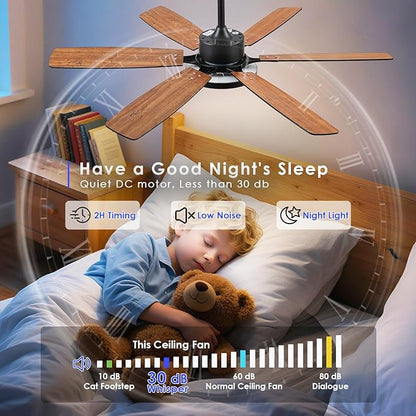 Hounberi 52 Inch Ceiling Fans with Lights and Remote, Modern Black Ceiling Fan with Light, Quiet DC Reversible Motor, 3CCT Dimmable LED Light, Black & Wood Hanging Fan for Bedroom, Living Room