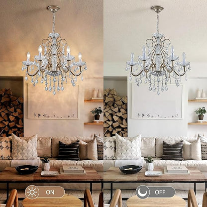 Bestier Antique Silver Vintage Candle Chandelier Crystal Lighting Fixture Lamp for Dining Room Bathroom Foyer Livingroom 6 E12 Bulbs Required D24 in x H26 in