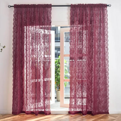 FINECITY Burgundy Sheer Curtains 63 Inch Length - 2 Panels Rustic Leaf Floral Patterned Red Wine Lace Curtains for Bedroom, Rod Pocket Privacy Light Filtering Merlot Sheer Window Drapes, 52 x 63 Inch