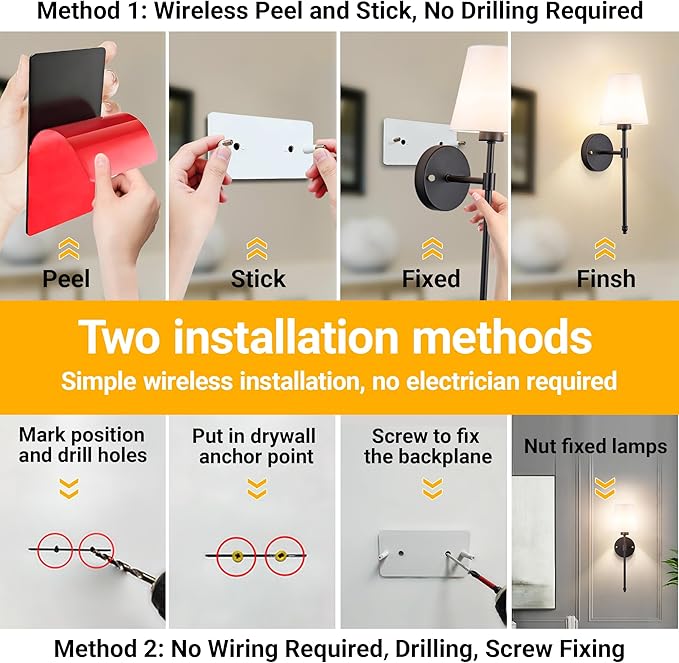Vimhou Peel and Stick Wall Sconces, Stick On Wall Sconce Set of 2, Battery Operated Wireless Wall Light, No Drill Adhesive Wall Lamp, Corn Bulb with 10000mAh Rechargeable Battery, Bedroom Wall Decor