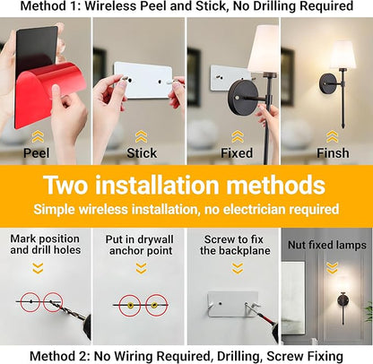 Vimhou Peel and Stick Wall Sconces, Stick On Wall Sconce Set of 2, Battery Operated Wireless Wall Light, No Drill Adhesive Wall Lamp, Corn Bulb with 10000mAh Rechargeable Battery, Bedroom Wall Decor