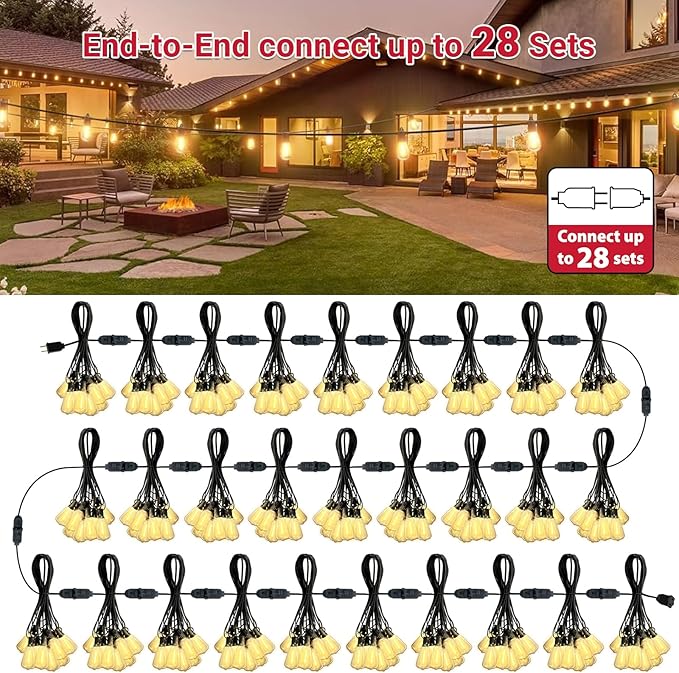 LAMPHOME Outdoor String Lights Waterproof, 51FT LED Patio Lights with 25+2 Spare ST38 Shatterproof Vintage Edison Bulbs,Connectable Hanging Lights for Backyard Garden Porch Deck Balcony Party Decor