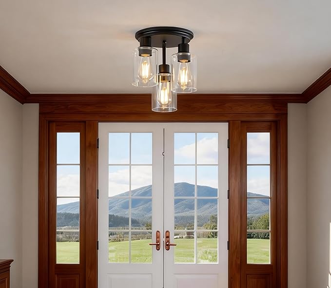 ROTTOGOON Semi Flush Mount Ceiling Light, Close to Ceiling Lights Fixtures, 3 Light Kitchen Ceiling Lights Fixtures with Glass Shades, Hallway Light Fixtures Ceiling Mount for Foyer, 9.9" x 13", Black