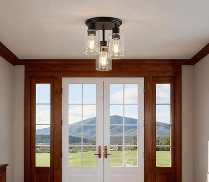 ROTTOGOON Semi Flush Mount Ceiling Light, Close to Ceiling Lights Fixtures, 3 Light Kitchen Ceiling Lights Fixtures with Glass Shades, Hallway Light Fixtures Ceiling Mount for Foyer, 9.9" x 13", Black
