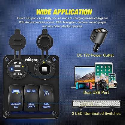 Nilight ３ Gang Rocker Switch Panel with USB Charger and Cigarette Lighter 12V 24V Toggle LED Light Bar Rear Lights Rock Switches for Cars Rvs Trucks