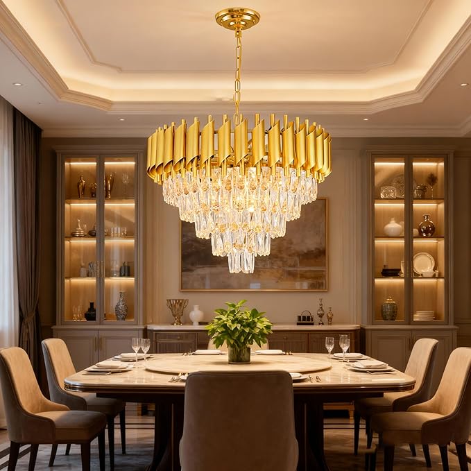Modern Gold Crystal Chandelier Round Hanging 12-Light E12 Base Elegant Pendant Lighting for Foyer Bedroom Dining Room Kitchen Island 60CM