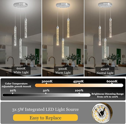 Crystal Kitchen Island Chandelier, Modern Chrome Spiral Dimmable LED Cluster Raindrop Foyer Chandelier Lighting, Bubble Dining Room Hanging Light Fixture 3 Light Remote Control