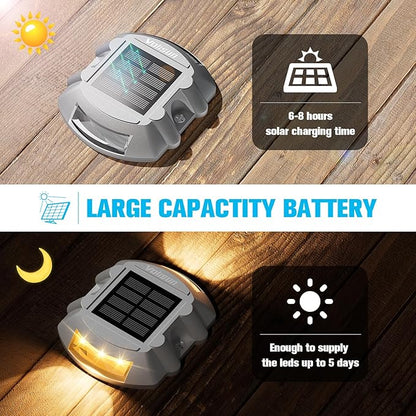 VOLISUN Solar Deck Lights Driveway Dock Lights, 4-Pack Led IP68 Waterproof Outdoor Warning Step Light for Driveway Sidewalk Garden Pathway Yard(Warm White)