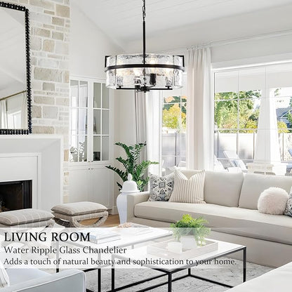 Black Drum Chandelier,19.7" Modern Water Ripple Glass Chandeliers Over Table 4-Light Large Round Hanging Pendant Light Fixtures for Dining Room Living Room Foyer Bedroom Kitchen Island,E26