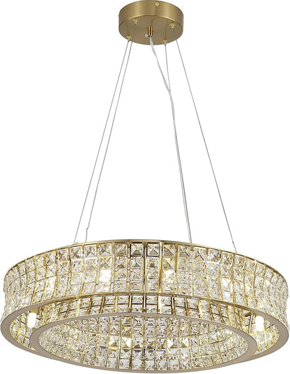 Modern Crystal Chandelier Round 12-Light Contemporary Hanging Ceiling Light Fixture Copper/Brass Finish with Rectangular Crystals Dining Room Living Room Bedroom Entryway Lighting Easy Install 24''