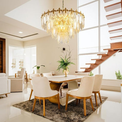 KELUOLY Modern Large Crystal Chandelier, 4-Layer Gold Glass Chandelier, 12 Light Round Antique Ceiling Pendant Light, 31.5 Inchs Adjustable Height for Foyer, Living Room, Bedroom, Dining Room