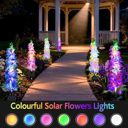 MRHEPHAESTUS Solar Garden Lights, Solar Delphinium Flowers Lights 4 Pack 80 LEDs, Waterproof Outdoor Light Two Lighting Modes for Outside Wedding Party Garden Yard Patio Lawn Decor