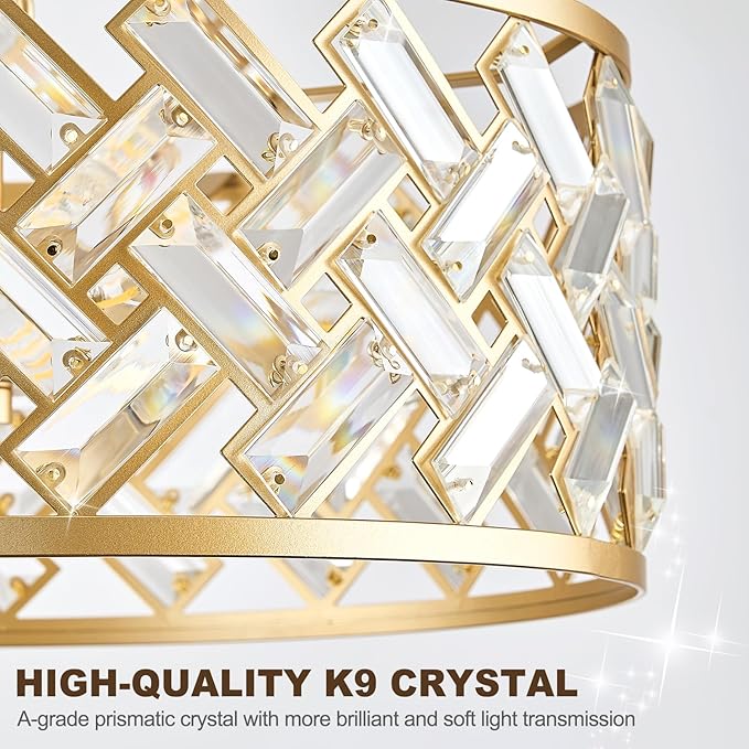 Gold Crystal Chandelier, 3-Light Morden Dining Room Light Fixture,12.4" Small Semi Flush Mount Chandeliers for Kitchen Foryer Entryway Hallway Living Room Bedroom (ETL Listed)