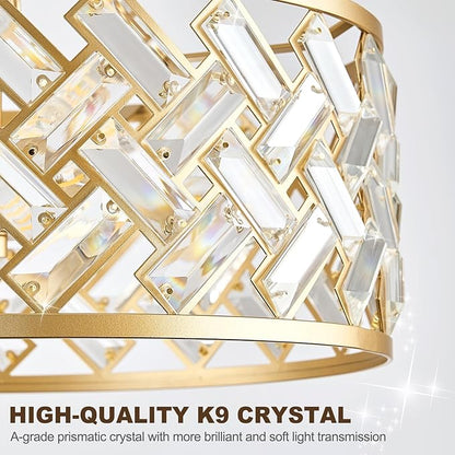 Gold Crystal Chandelier, 3-Light Morden Dining Room Light Fixture,12.4" Small Semi Flush Mount Chandeliers for Kitchen Foryer Entryway Hallway Living Room Bedroom (ETL Listed)