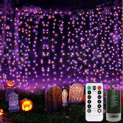 Purple Orange Curtain Lights Battery Operated Halloween 300 LED Hanging Curtain Lights with Remote 8 Modes Timer for Wedding Halloween Party Decór (9.8ft×9.8ft)