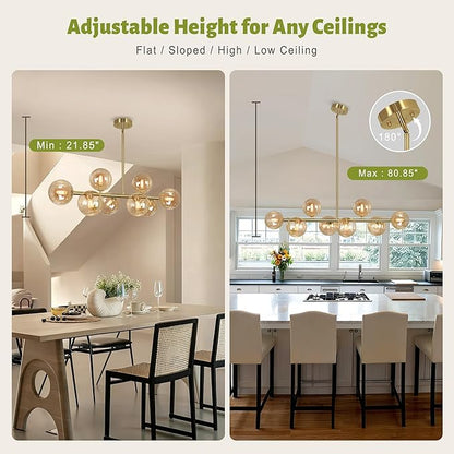 Gold Linear Chandeliers for Dining Room, 8-Light Amber Glass Globe Chandelier Modern Sputnik Chandelier Mid Century Dining Room Light Fixture Pendant Kitchen Island Lighting, Electroplated Brass, 37"