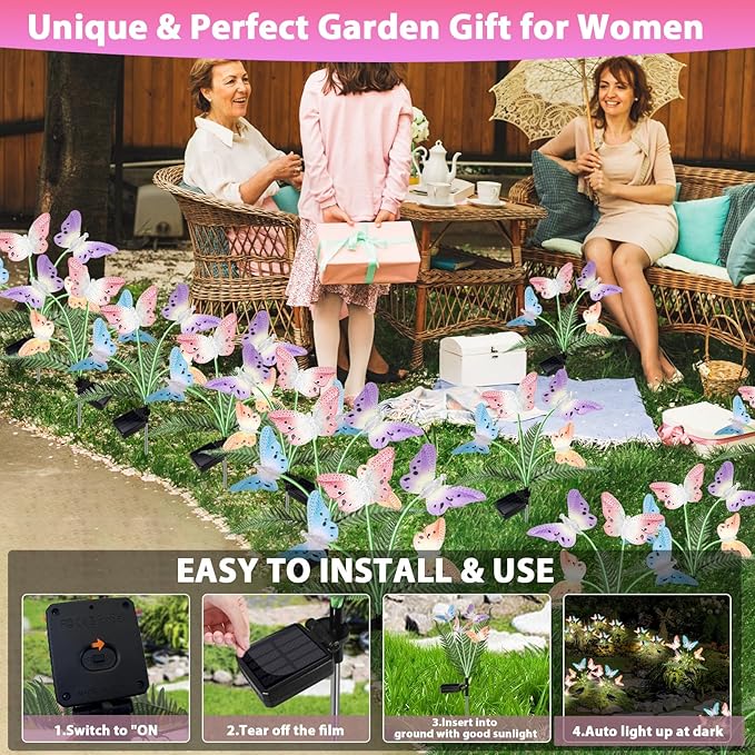 Weepong Solar Garden Lights 4 Pack Waterproof Decorative Solar Lights Outdoor with Glowing Stems,7-Color Changing ‎Fiber Optic Butterfly Light for Outside Yard Lawn Garden Decor, Gifts for Women