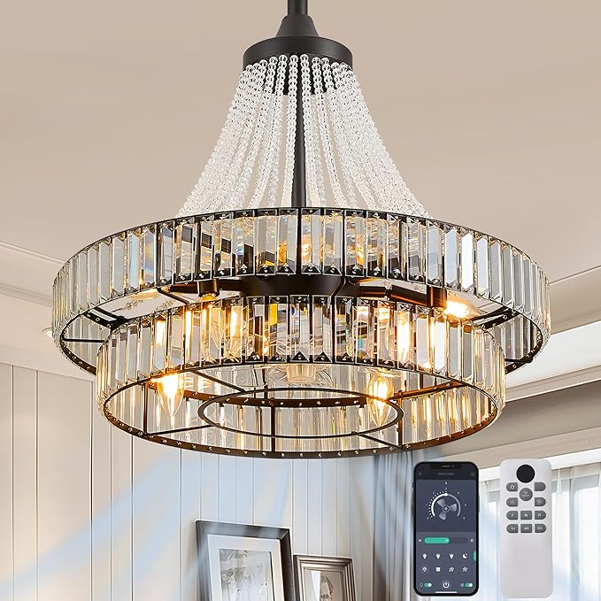 24" Modern Crystal Caged Fandelier, Smart Chandelier Fan with Remote and APP Control, Double Layer Ceiling Fan with Light for Dining Living Room Bedroom, Italian Design-Black