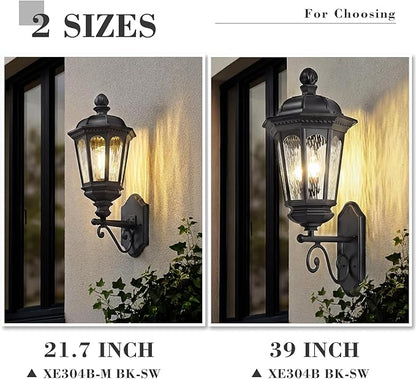 Emliviar Classic 21.7 Inch Black Front Door Wall Lighting, Outside Waterproof Wall Sconce with Water Ripple Glass Shade for Garage, E26 Socket, XE304B-M BK-SW