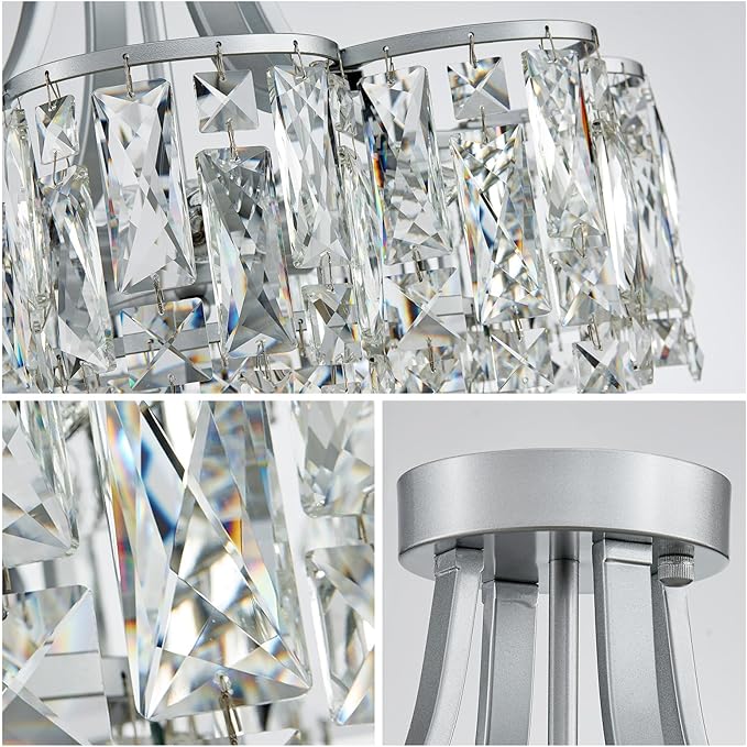 WUZUPS Crystal Chandelier Semi-Flushmount Ceiling Light Modern Lighting Fixture for Bedroom Hallway Entry Kitchen Bathroom, H 19.3" x W 18.3", E12 Base, Silver
