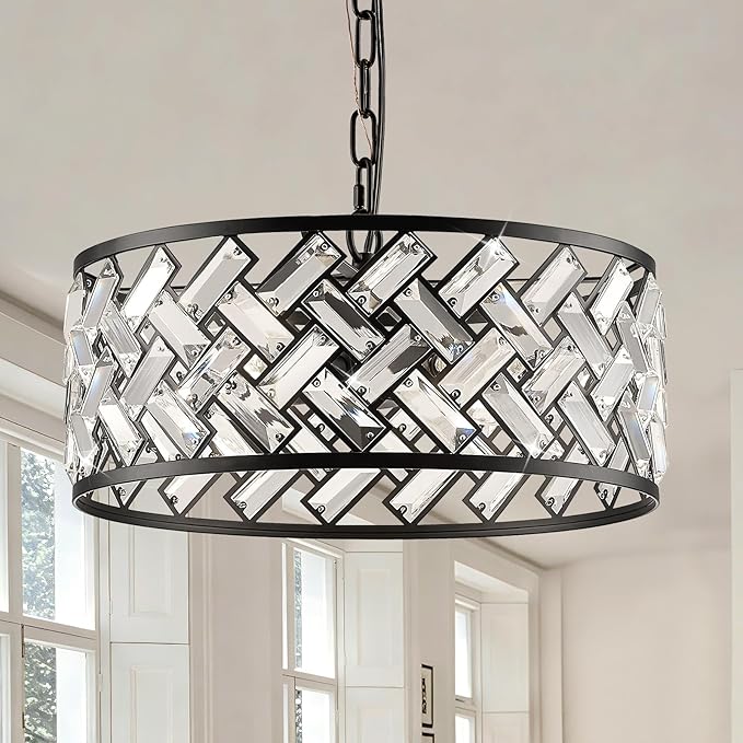 Black Crystal Chandelier, 4-Light Morden Dining Room Light Fixture,15.16" Round Semi Flush Mount Chandeliers for Kitchen Foryer Entryway Hallway Living Room Bedroom (ETL Listed)
