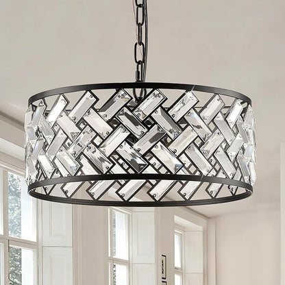 Black Crystal Chandelier, 4-Light Morden Dining Room Light Fixture,15.16" Round Semi Flush Mount Chandeliers for Kitchen Foryer Entryway Hallway Living Room Bedroom (ETL Listed)