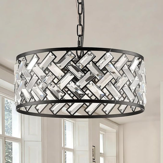 Black Crystal Chandelier, 4-Light Morden Dining Room Light Fixture,15.16" Round Semi Flush Mount Chandeliers for Kitchen Foryer Entryway Hallway Living Room Bedroom (ETL Listed)