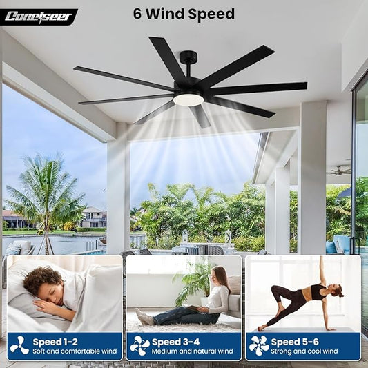 Conciseer Modern 72 Inch Ceiling Fans with Lights and Remote, Dual Color 8 Blades,Living Room Office Library Cafe Outdoor Industrial, 24W 3CCT 6 Speed Reversible Quiet DC Motor, Black/Wood Grain